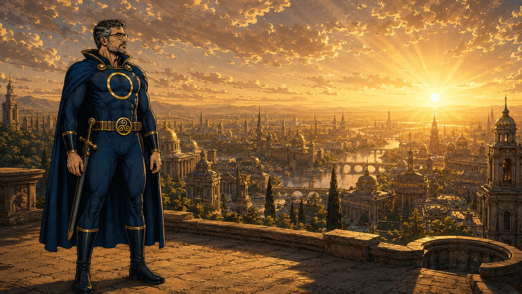 The Sovereign stands on a stone terrace, his sword sheathed at his hip, looking toward sunrise over a golden river city.