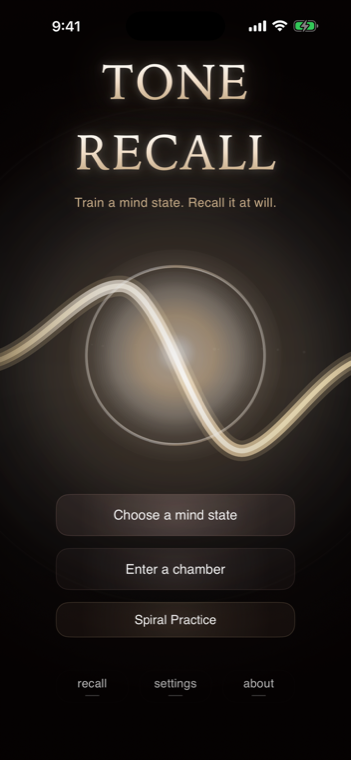 Tone Recall landing screen with orb and wave